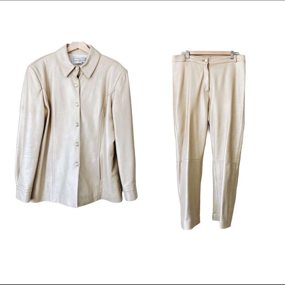 St. John Gold Leather Lining Jacket + Pants Set